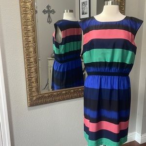 LOFT Striped Midi Dress in Navy, Pink, Green, and Royal Blue